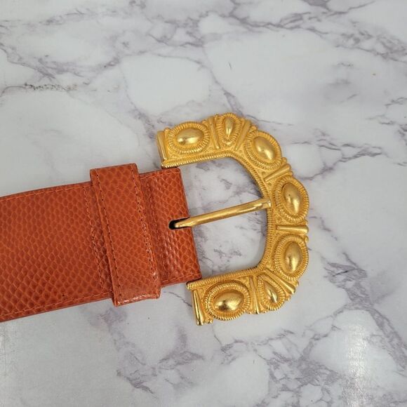 Emmanuel Vintage Oversized Gold Buckle and Deep Coral Lizard Embossed Belt